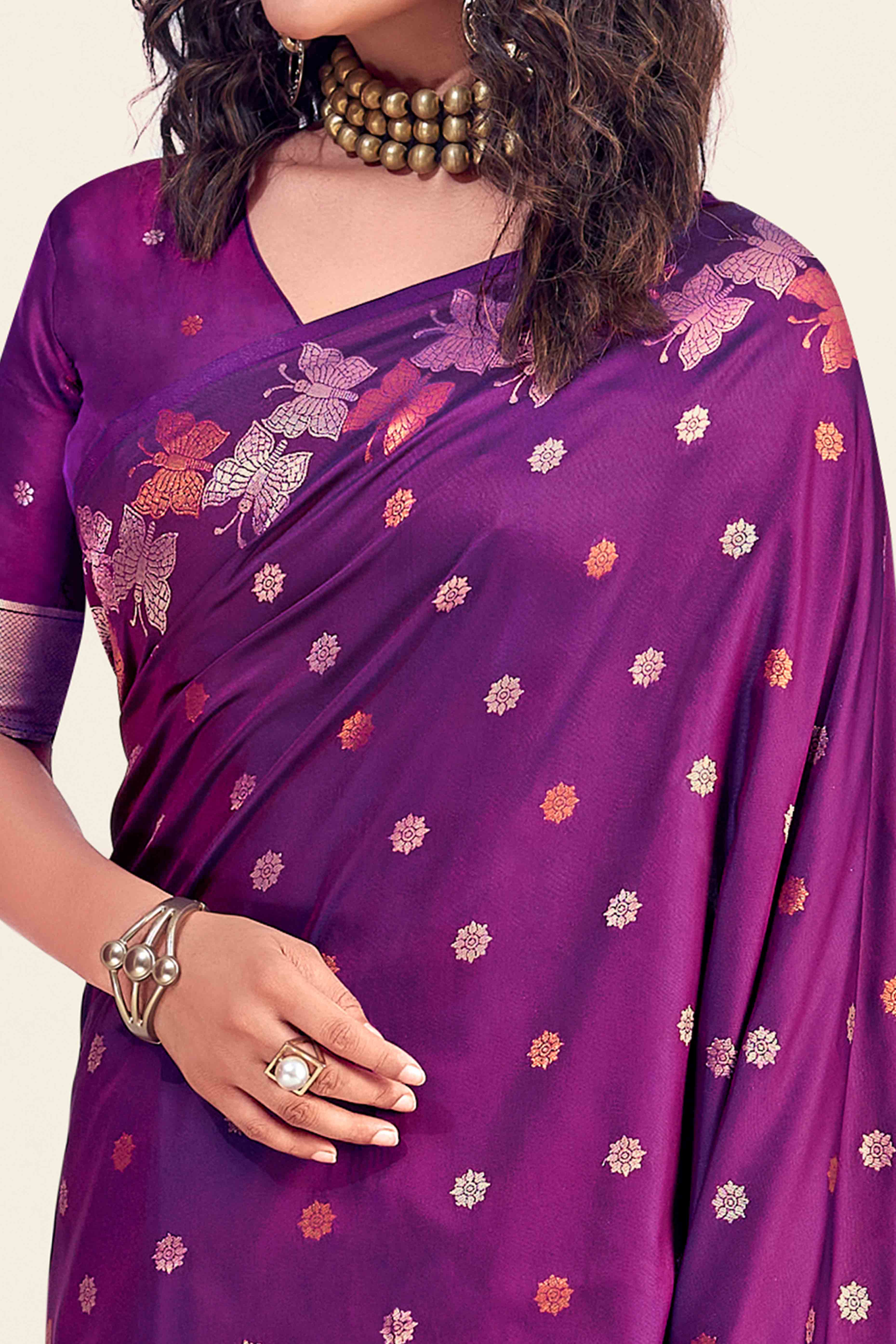 Purple Banarasi Silk Saree With Zari Woven Floral & Butterfly Motifs