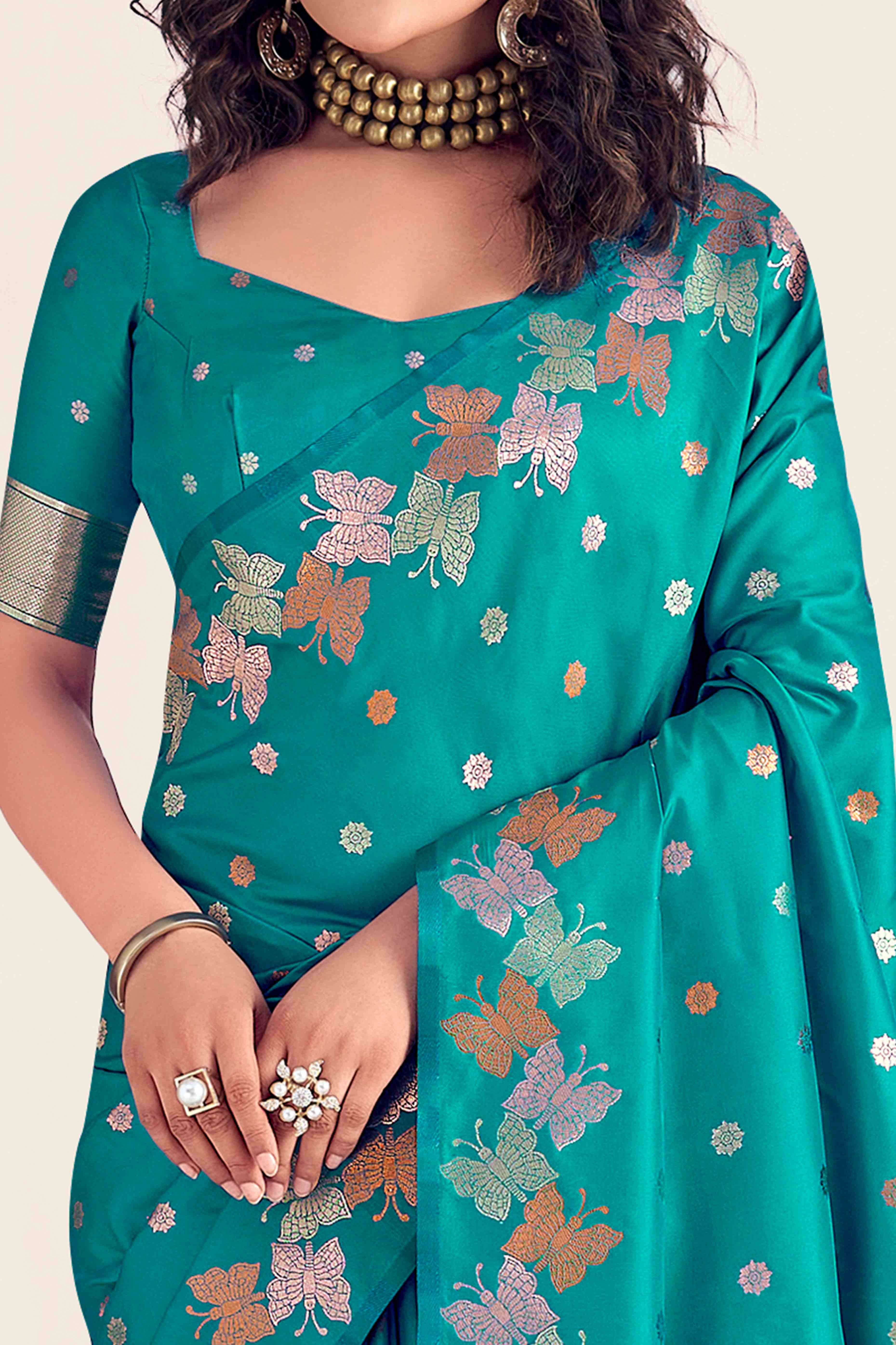 Rama Blue Banarasi Silk Saree With Zari Woven Floral & Butterfly Motifs