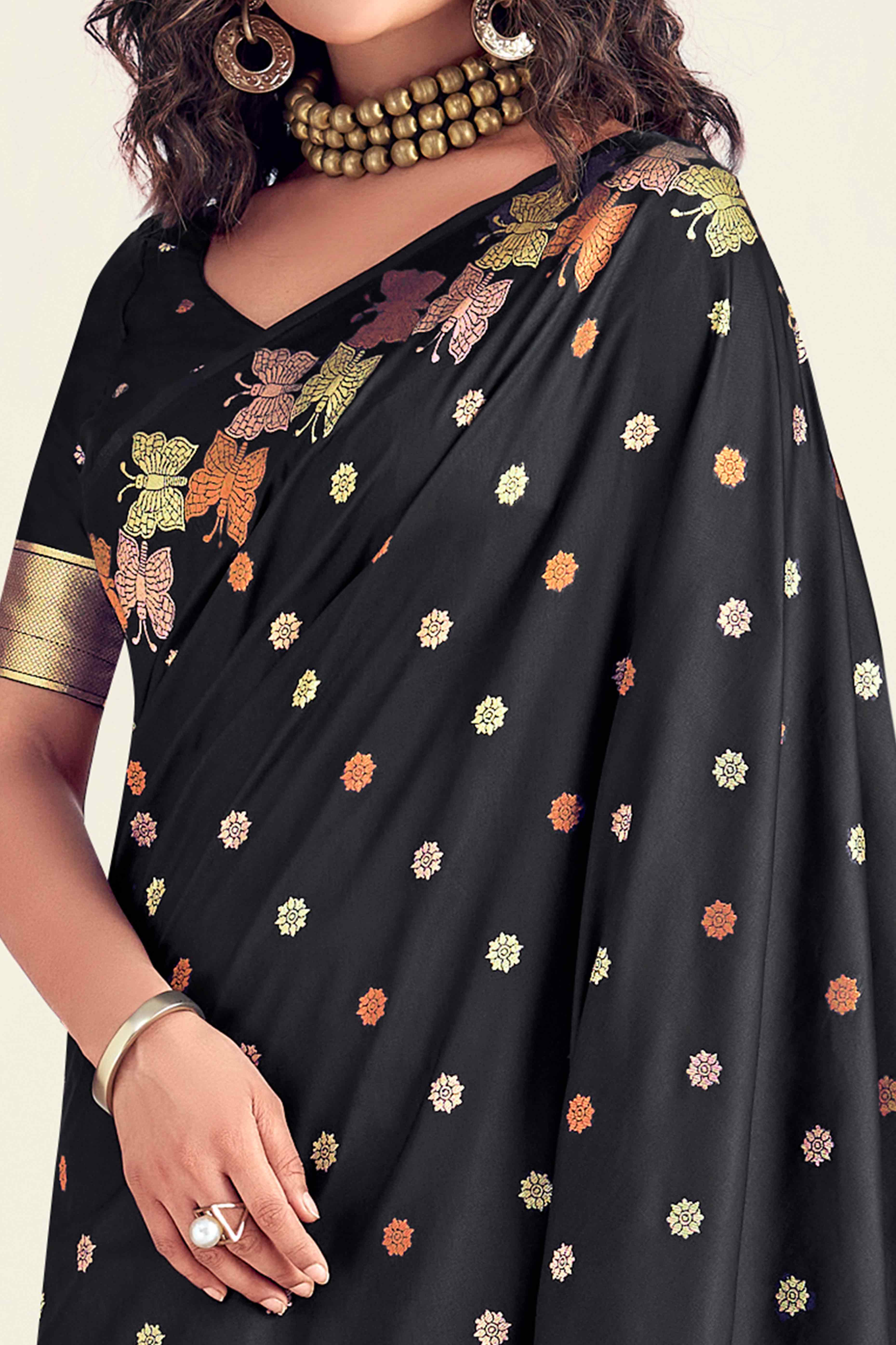 Black Banarasi Silk Saree With Zari Woven Floral & Butterfly Motifs
