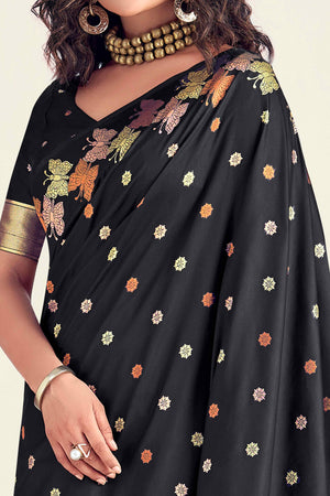 Black Banarasi Silk Saree With Zari Woven Floral & Butterfly Motifs