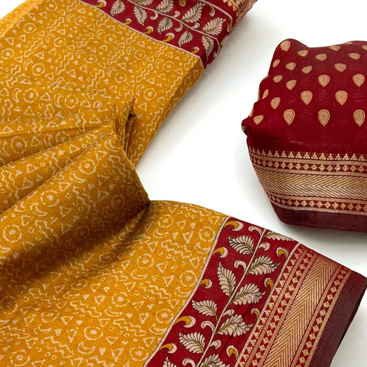 Pure Mulmul Cotton Saree in Mustard with Heritage Block Prints and Zari Detailing