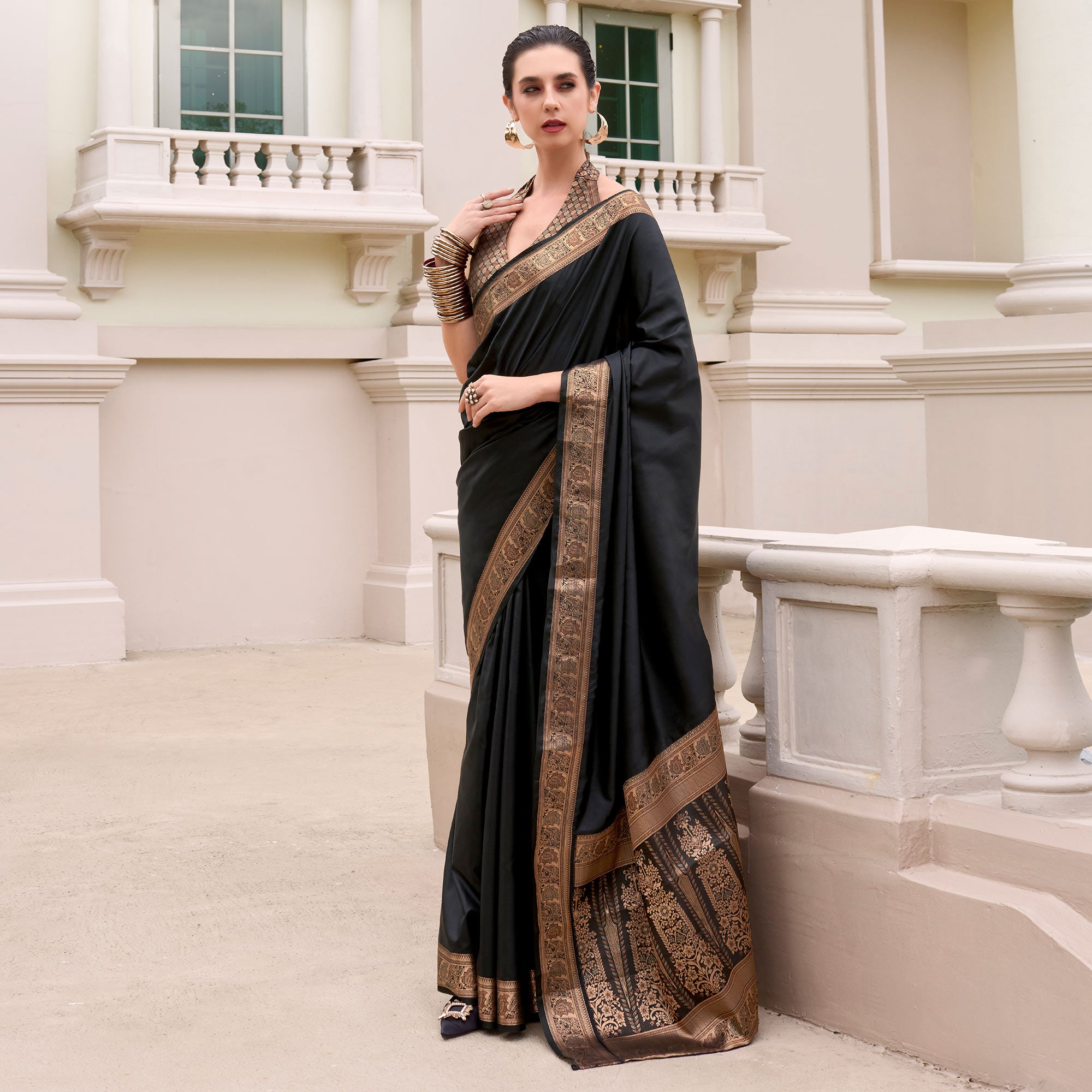 Black Woven Banarasi Silk Saree With Zari Border