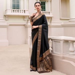 Black Woven Banarasi Silk Saree With Zari Border