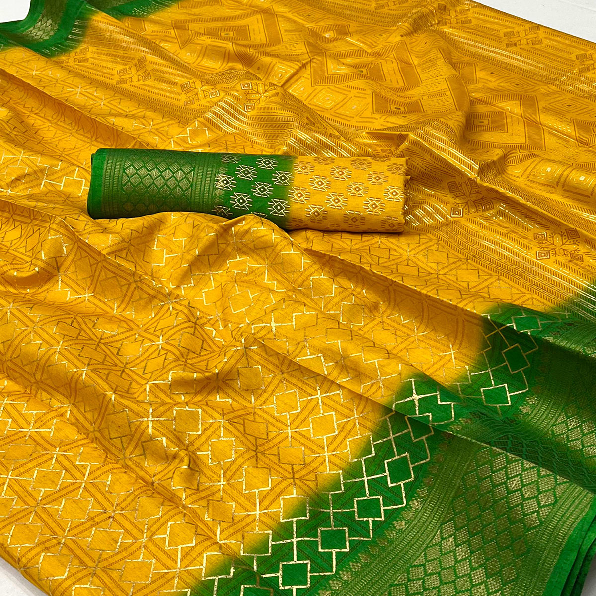 Mustard Foil Printed Dola Silk Saree