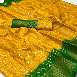 Mustard Foil Printed Dola Silk Saree