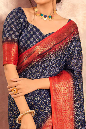Navy Blue Geometric Foil Printed Dola Silk Saree With Woven Border