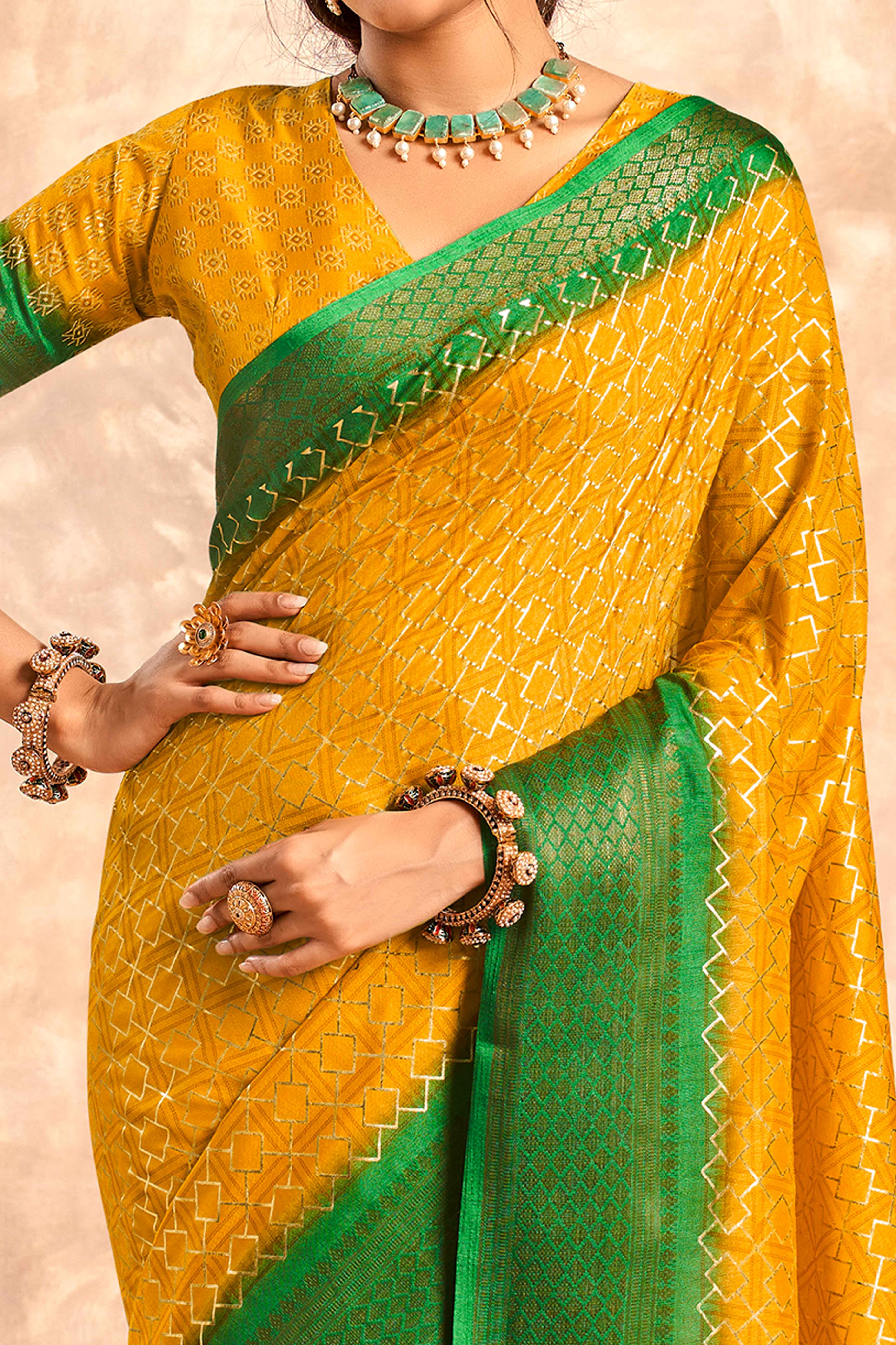 Mustard Geometric Foil Printed Dola Silk Saree With Woven Border