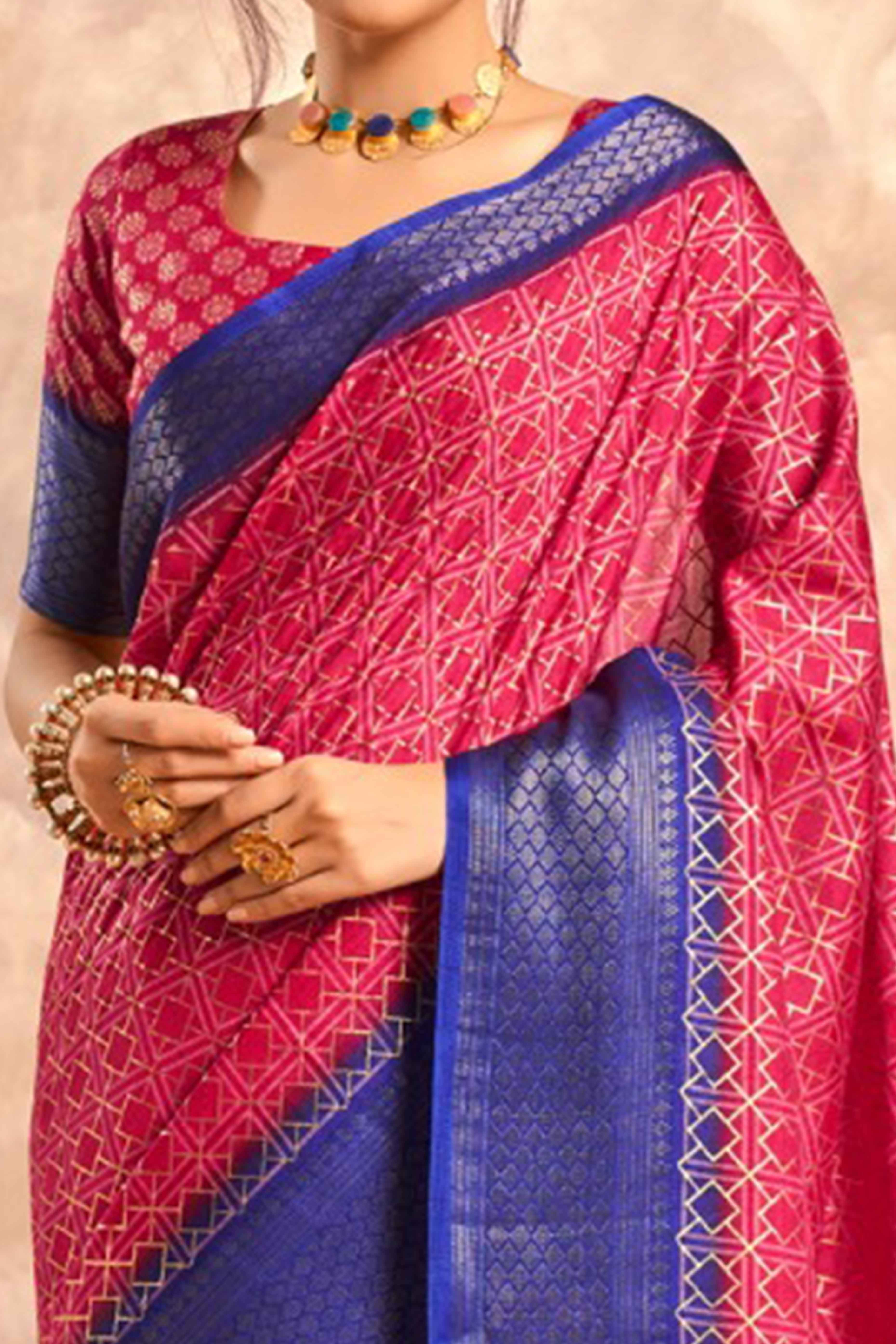 Pink Geometric Foil Printed Dola Silk Saree With Woven Border