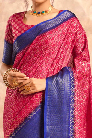 Pink Geometric Foil Printed Dola Silk Saree With Woven Border
