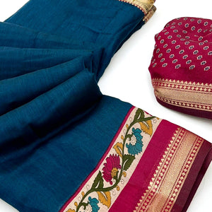 Teal Soft Mul Cotton Saree with Kalamkari Pallu & Zari border