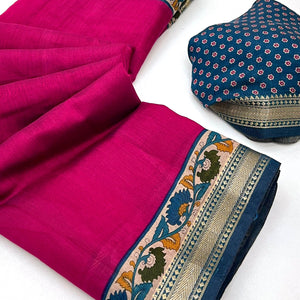Magenta Soft Mul Cotton Saree with Kalamkari Pallu & Zari border