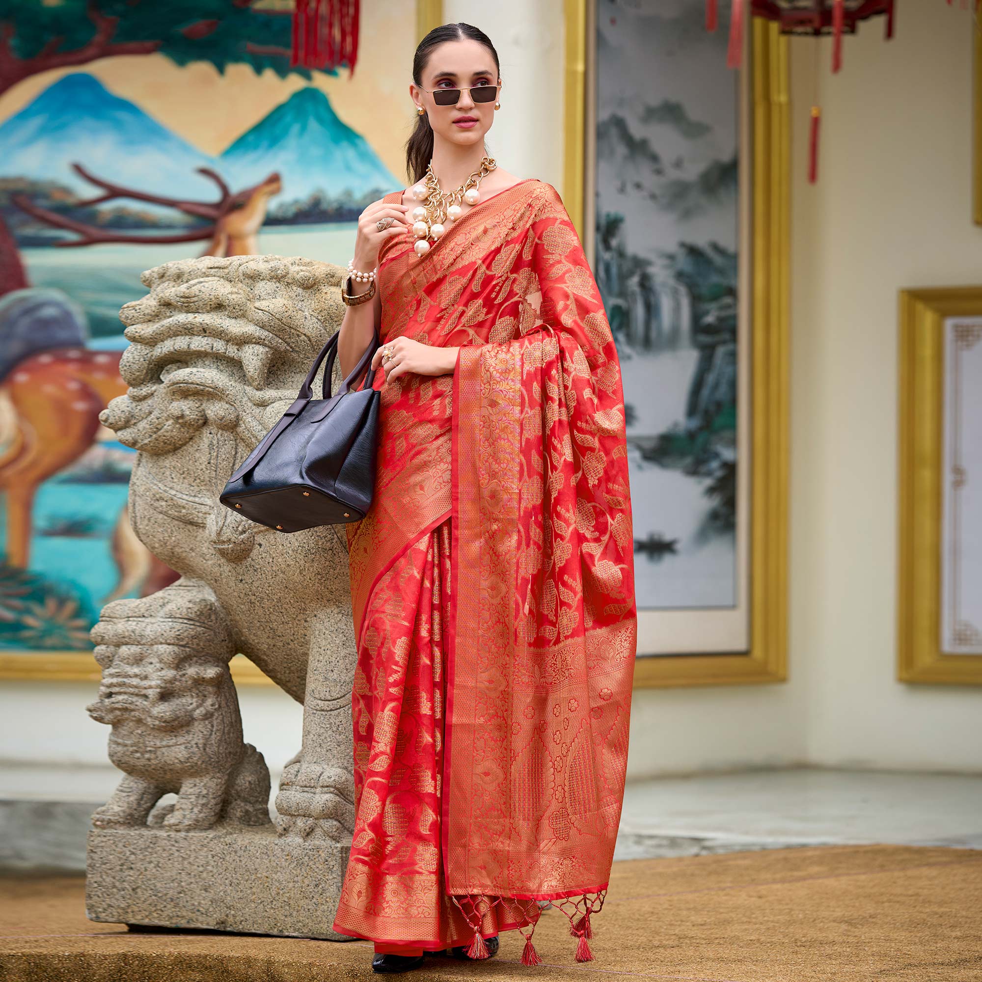 Red Floral Motifs Woven Organza Saree