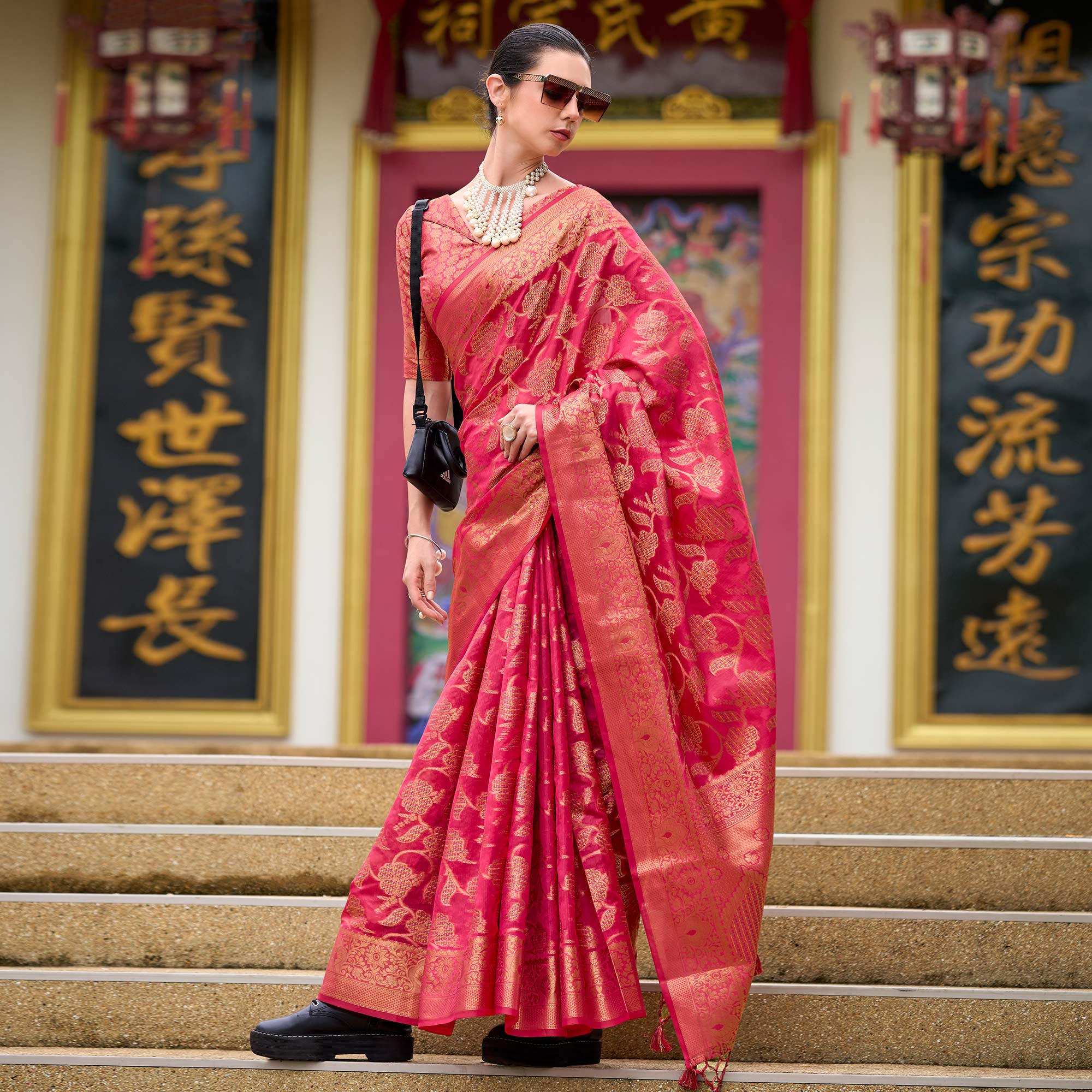 Pink Floral Motifs Woven Organza Saree