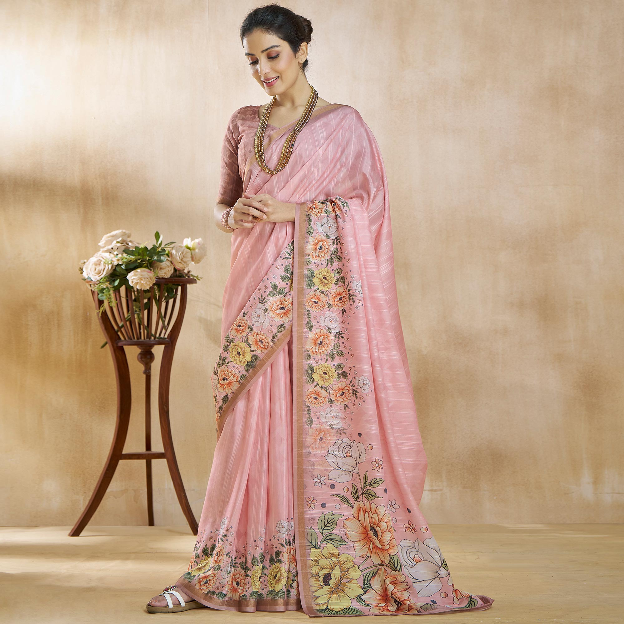 Pink Floral Digital Printed Pure Silk Saree