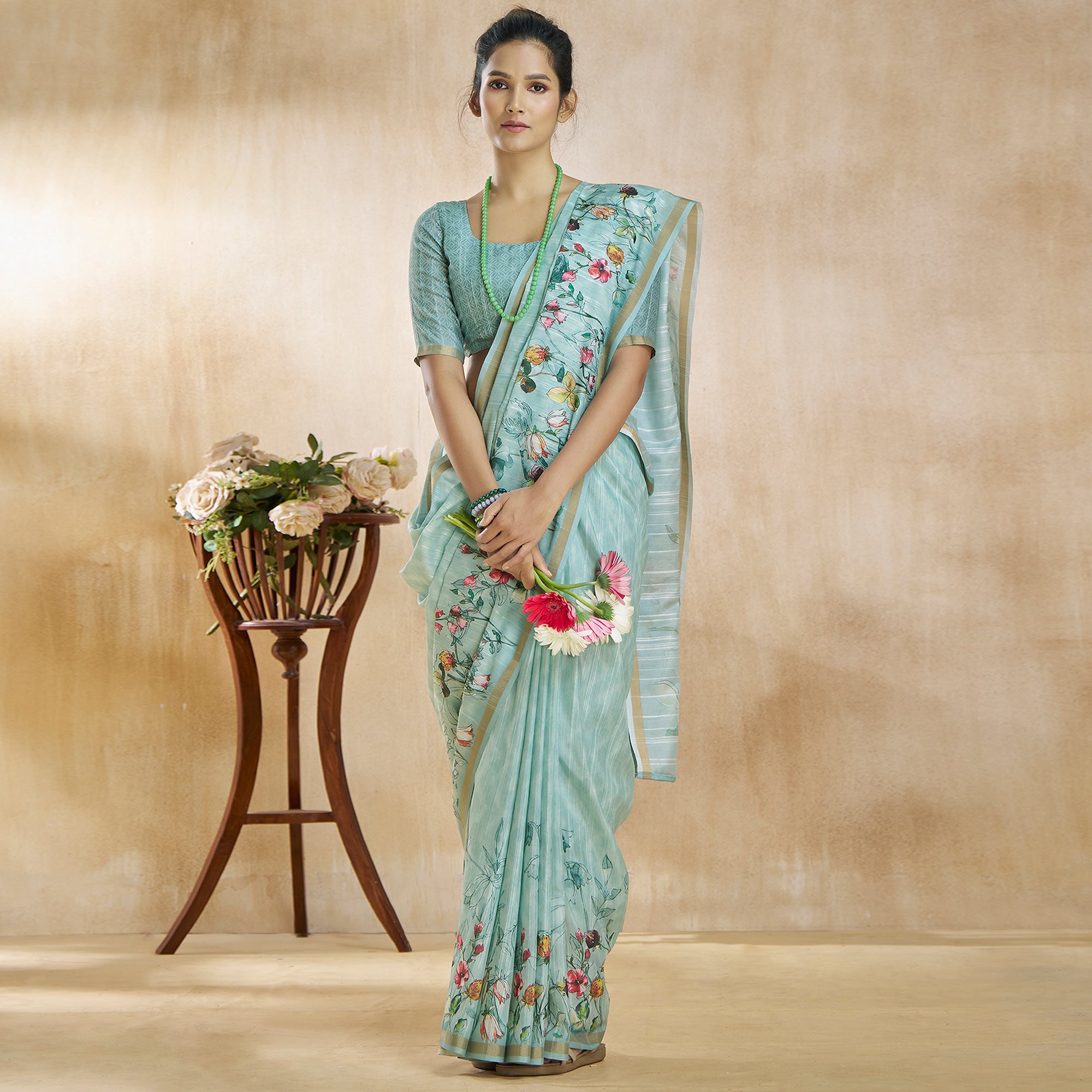 Turquoise Floral Digital Printed Pure Silk Saree