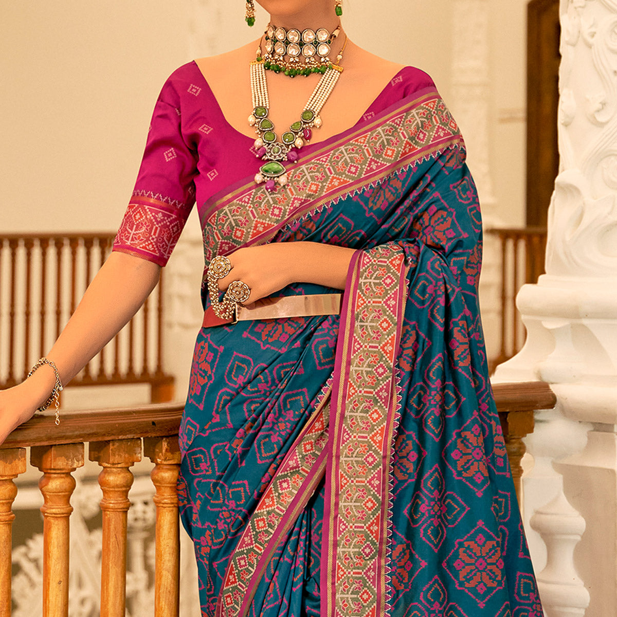 Blue Patola Printed Banarasi Silk Saree With Tassels