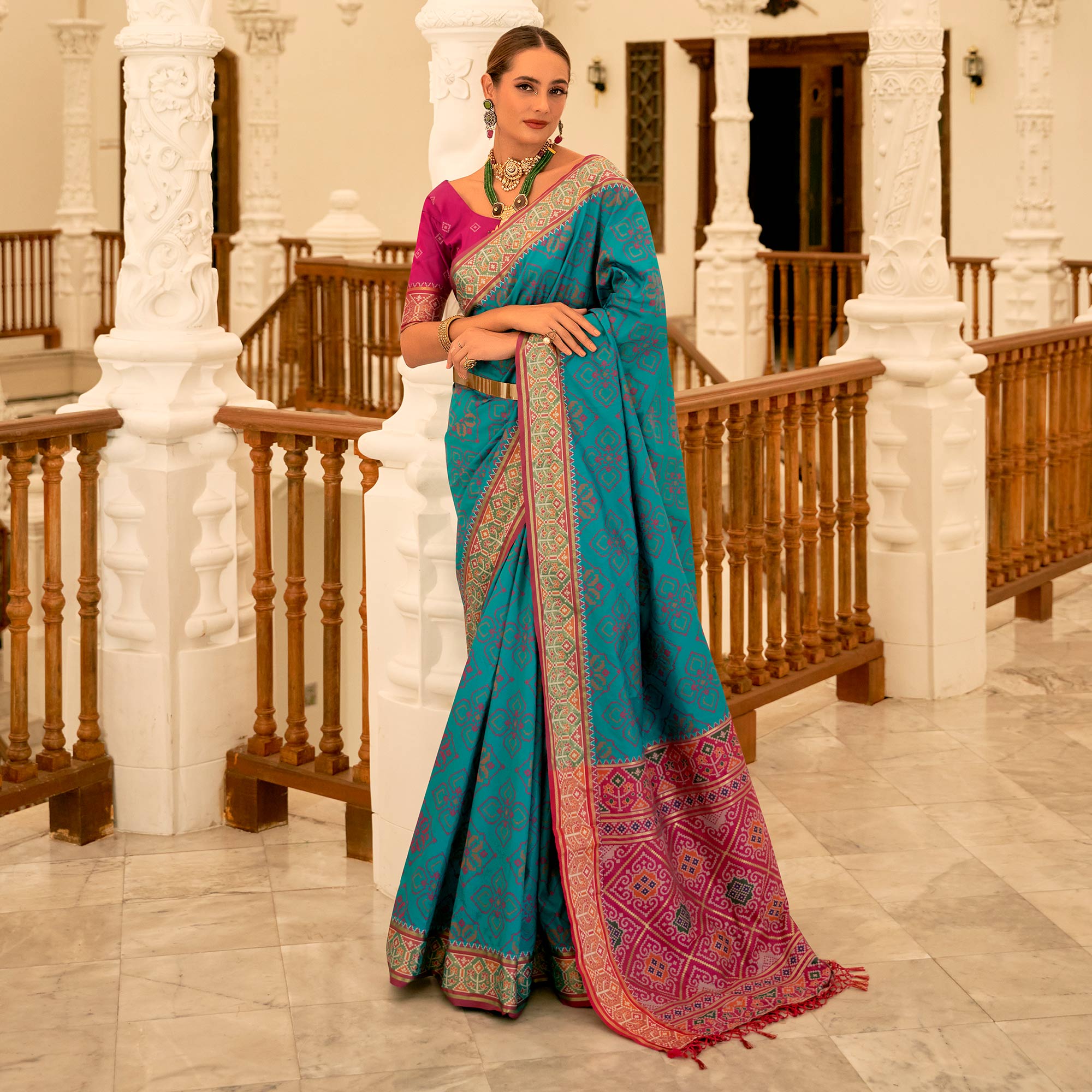 Rama Blue Patola Printed Banarasi Silk Saree With Tassels