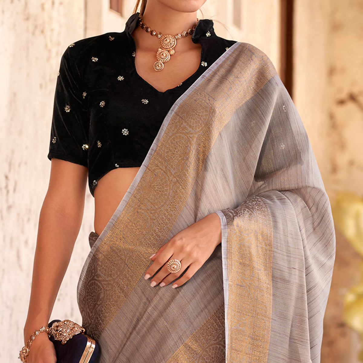 Grey Woven Tissue Saree