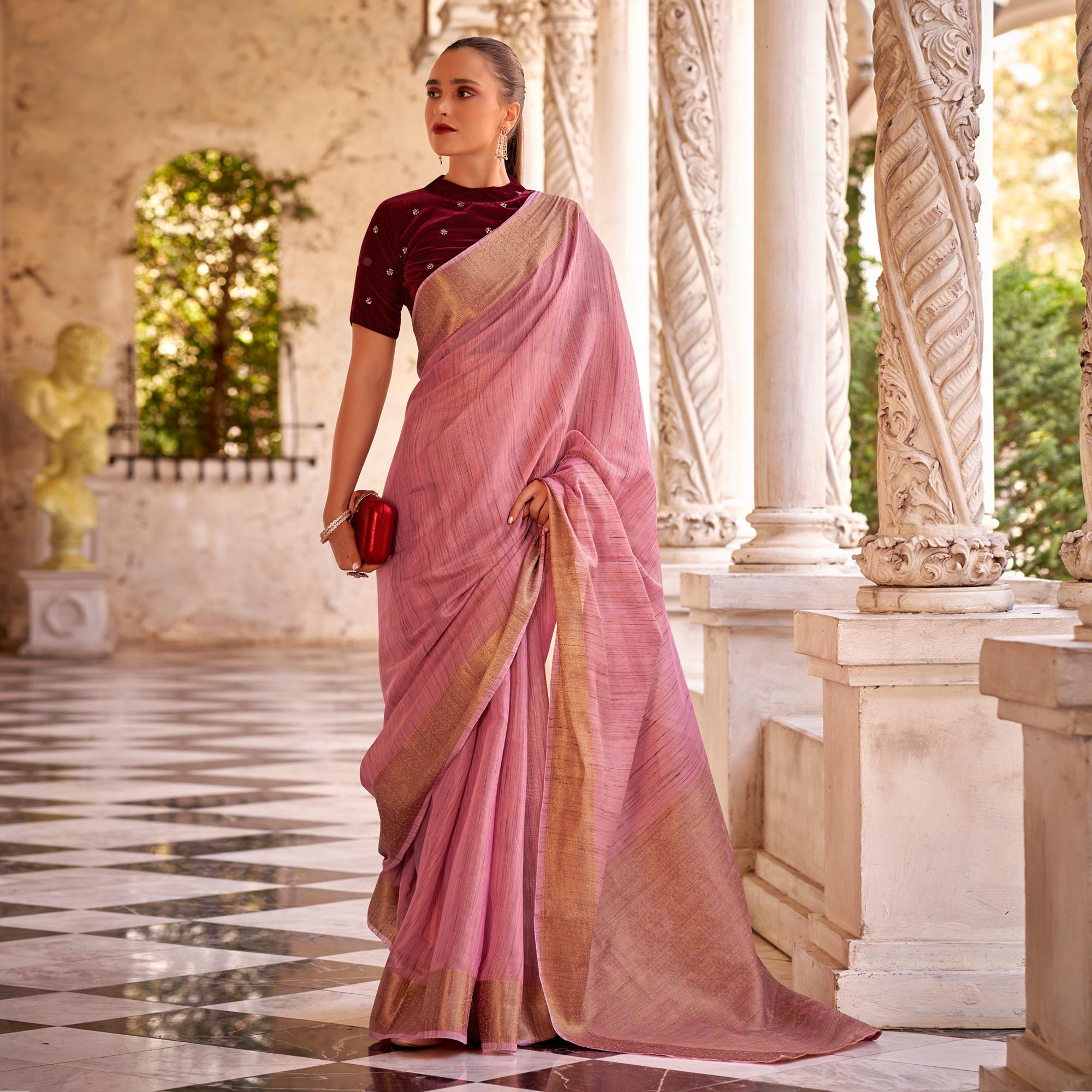 Pink Woven Tissue Saree