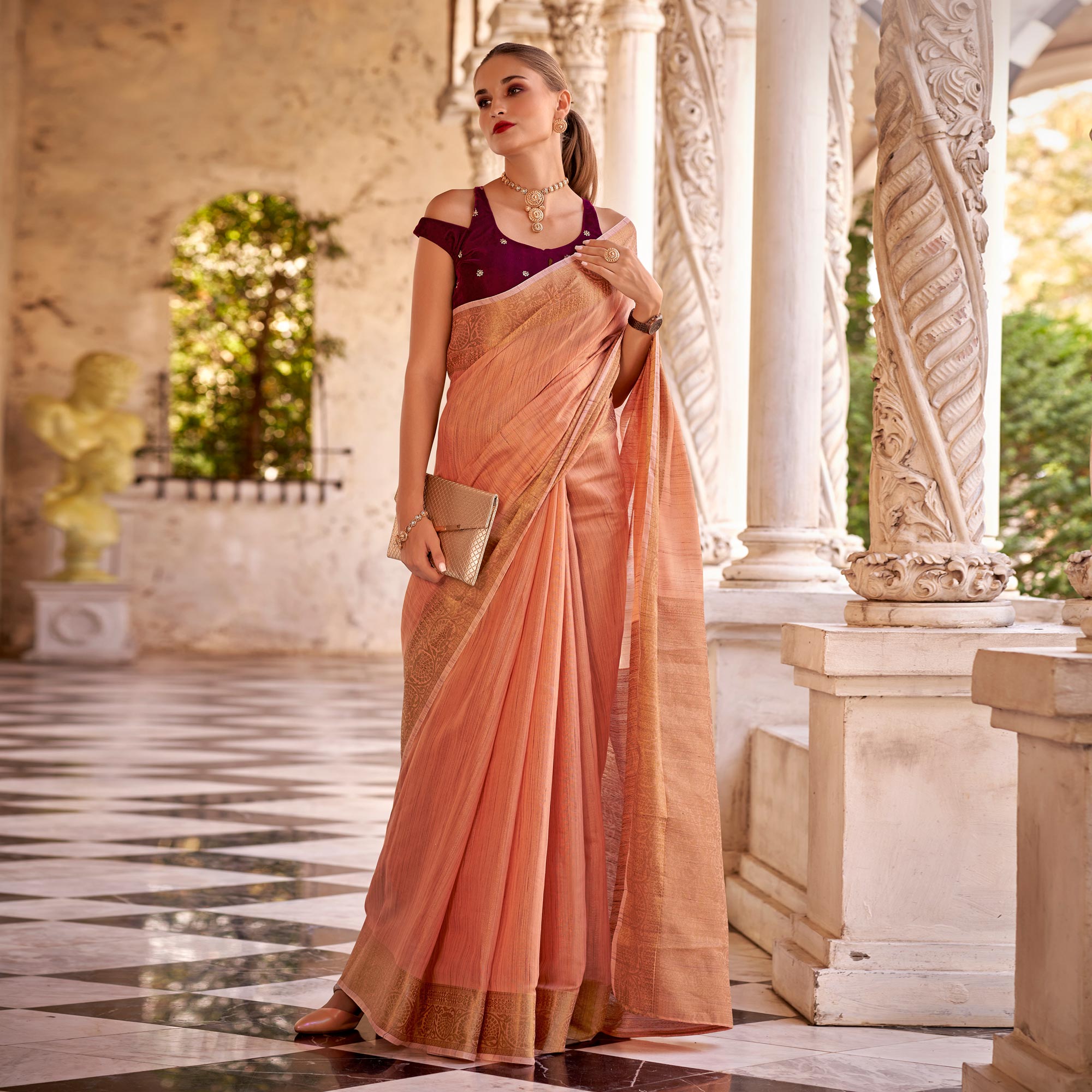 Peach Woven Tissue Saree