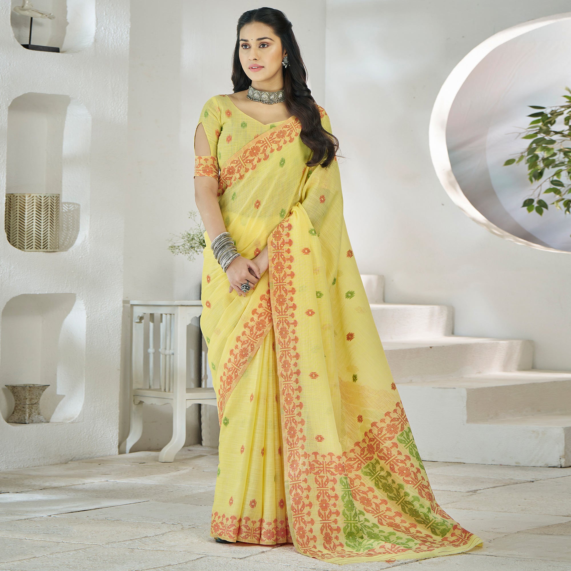 Yellow Floral Woven Cotton Silk Saree
