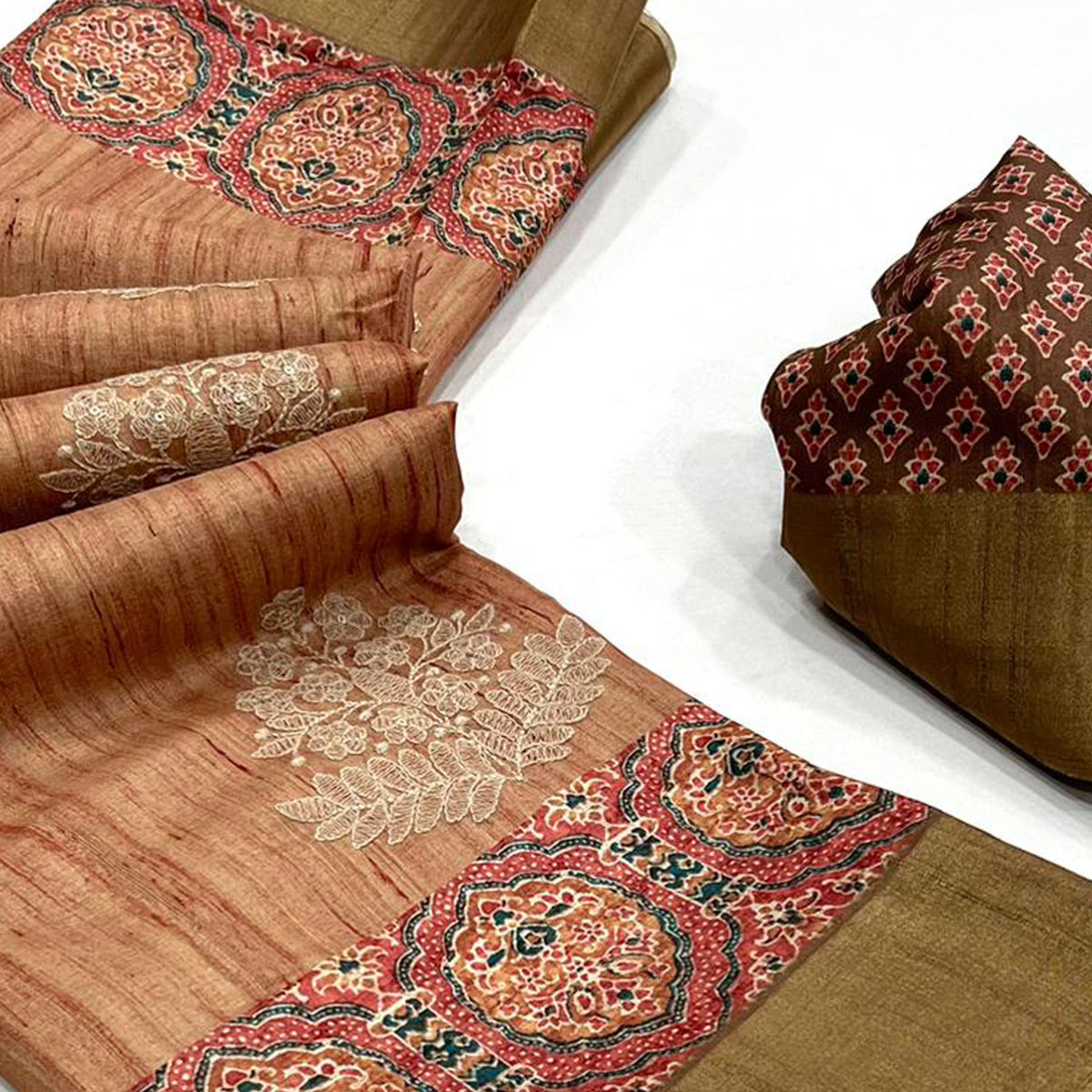 Embroidered Floral Brown Khaadi Saree with Ethnic Weaving Border