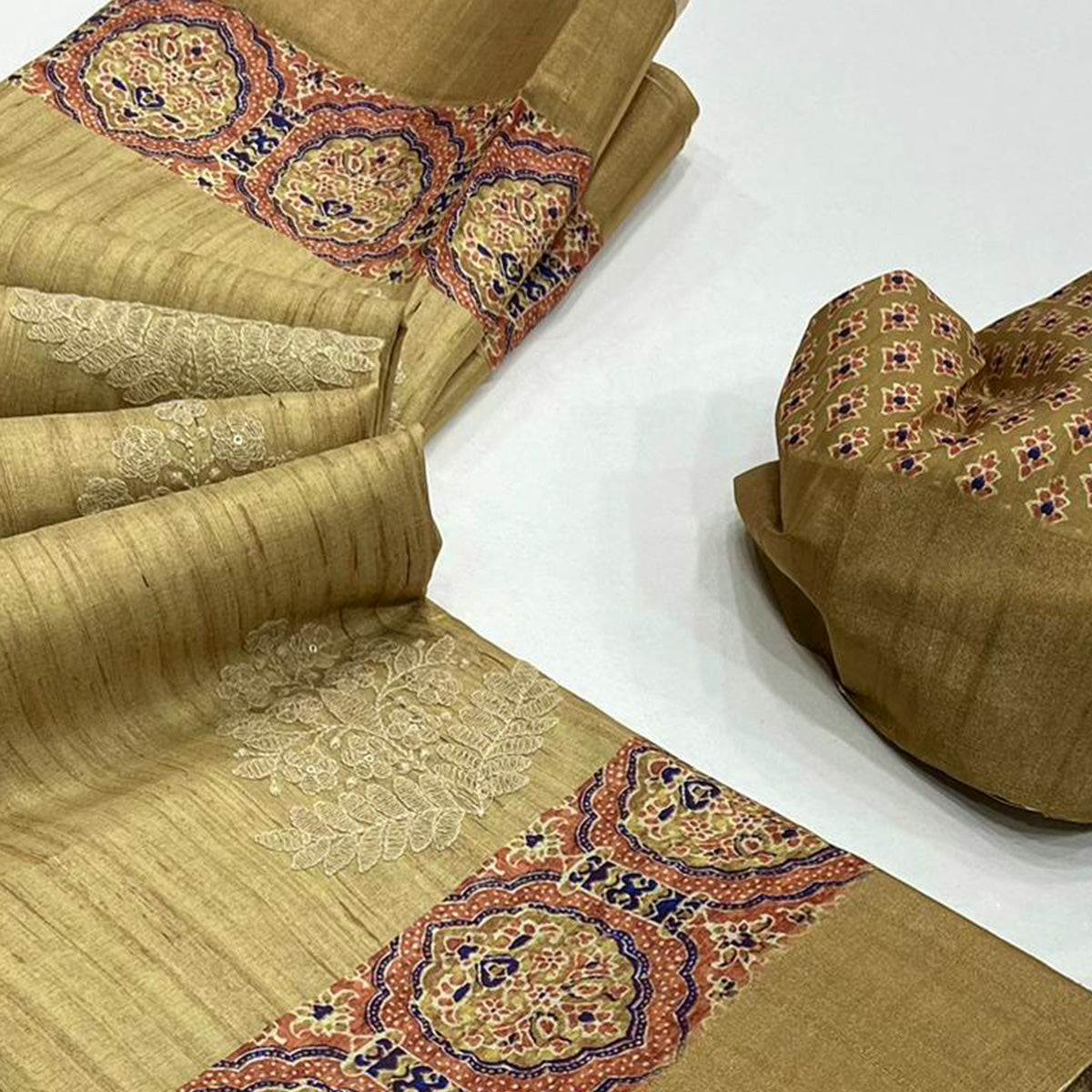 Embroidered Floral Olive Khaadi Saree with Ethnic Weaving Border