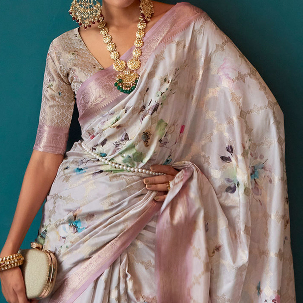 Off White Floral Digital Printed Muslin Saree