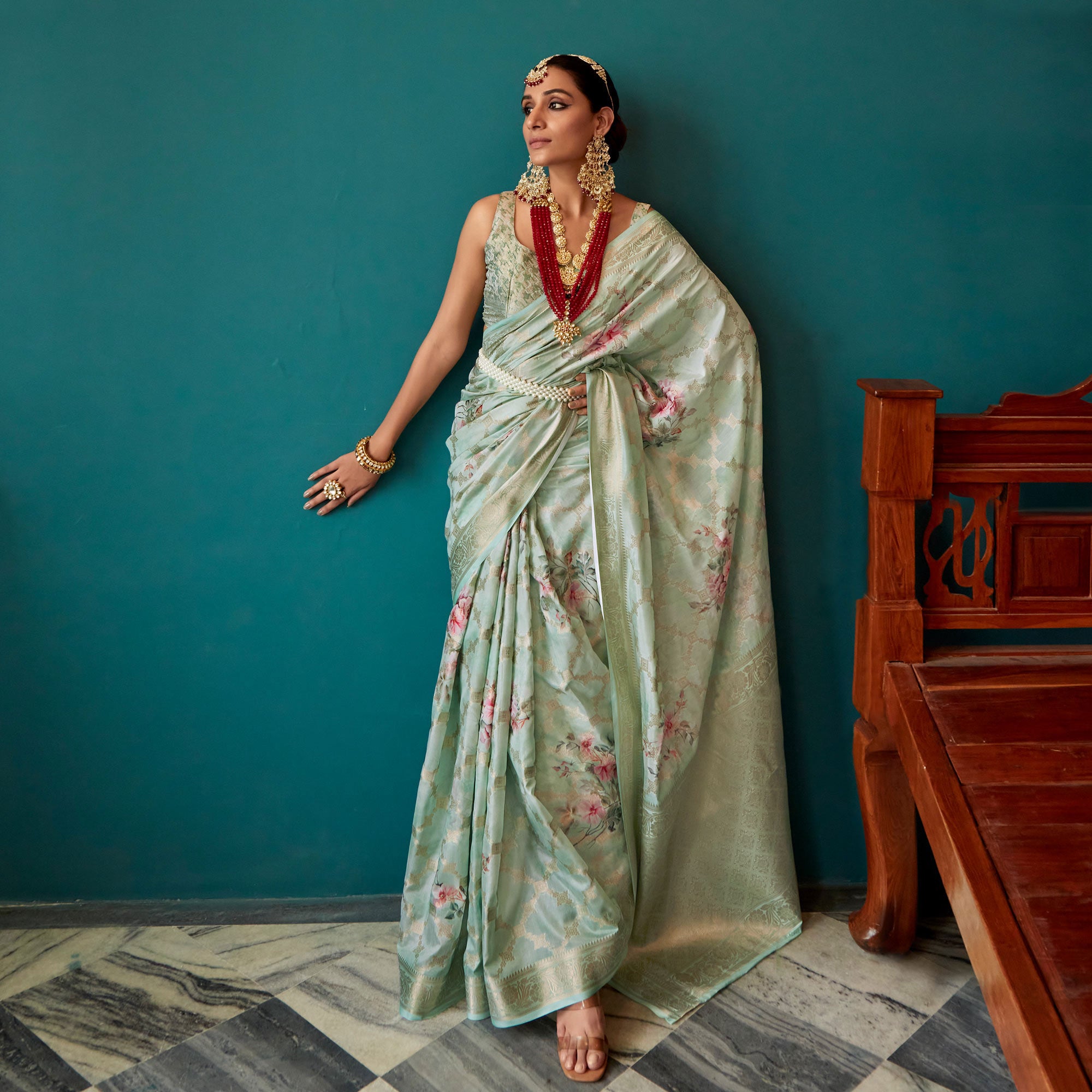 Green Floral Digital Printed Muslin Saree