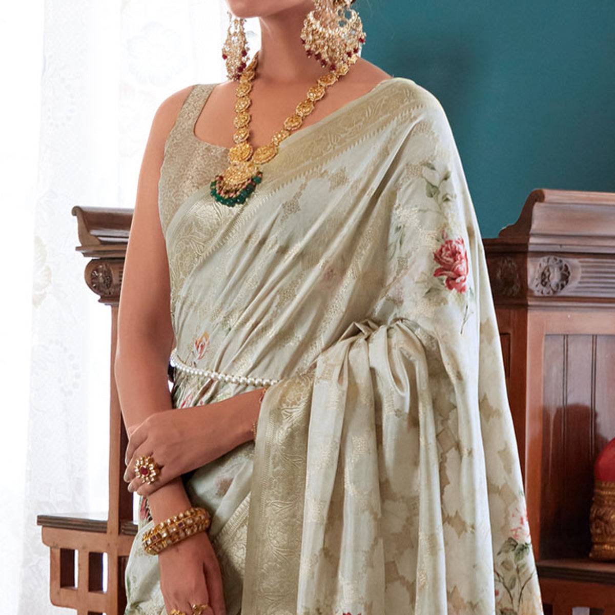 Cream Floral Digital Printed Muslin Saree