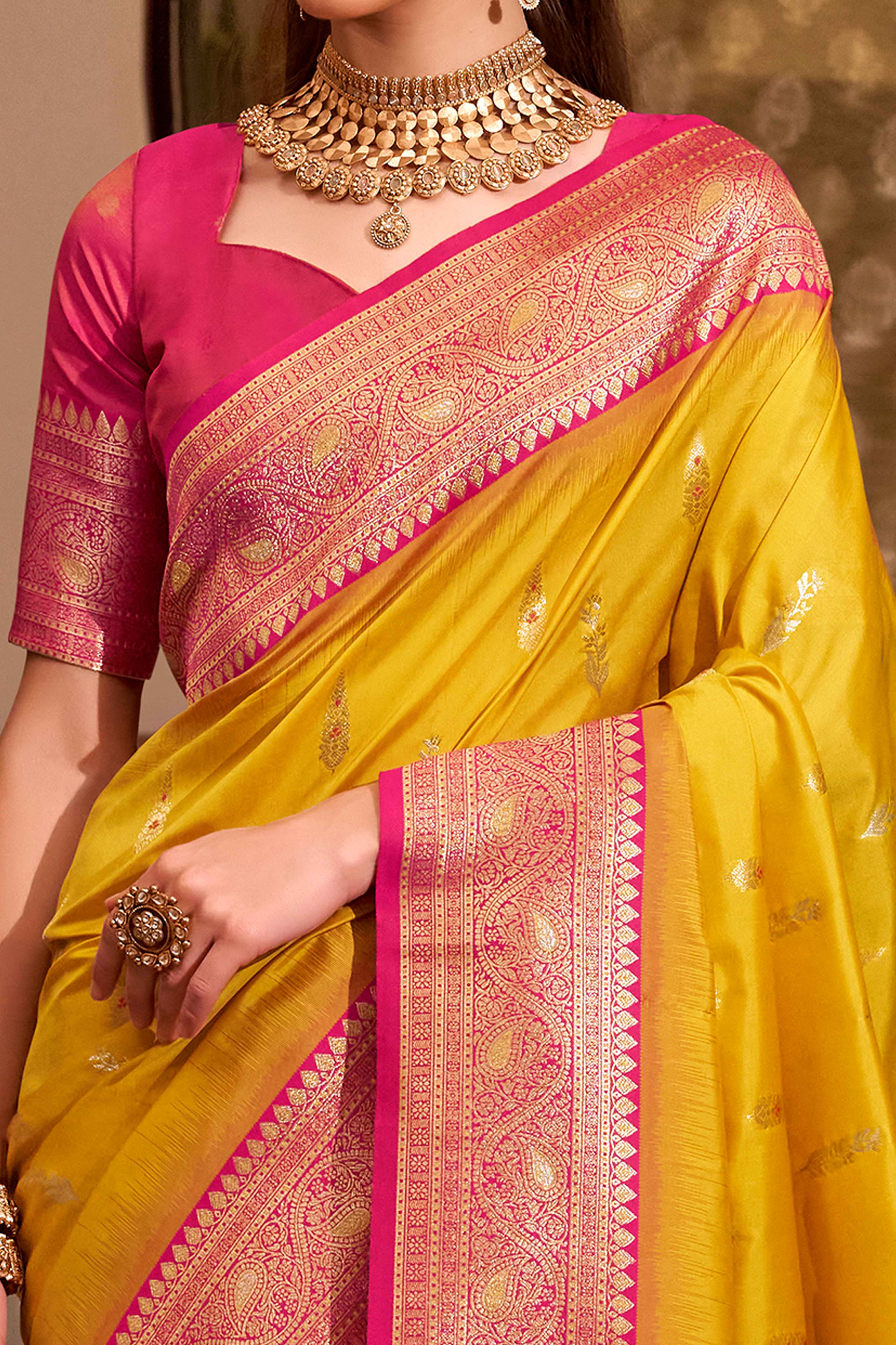 Mustard Pure Silk Saree With Intricate Floral Zari Weaving Work