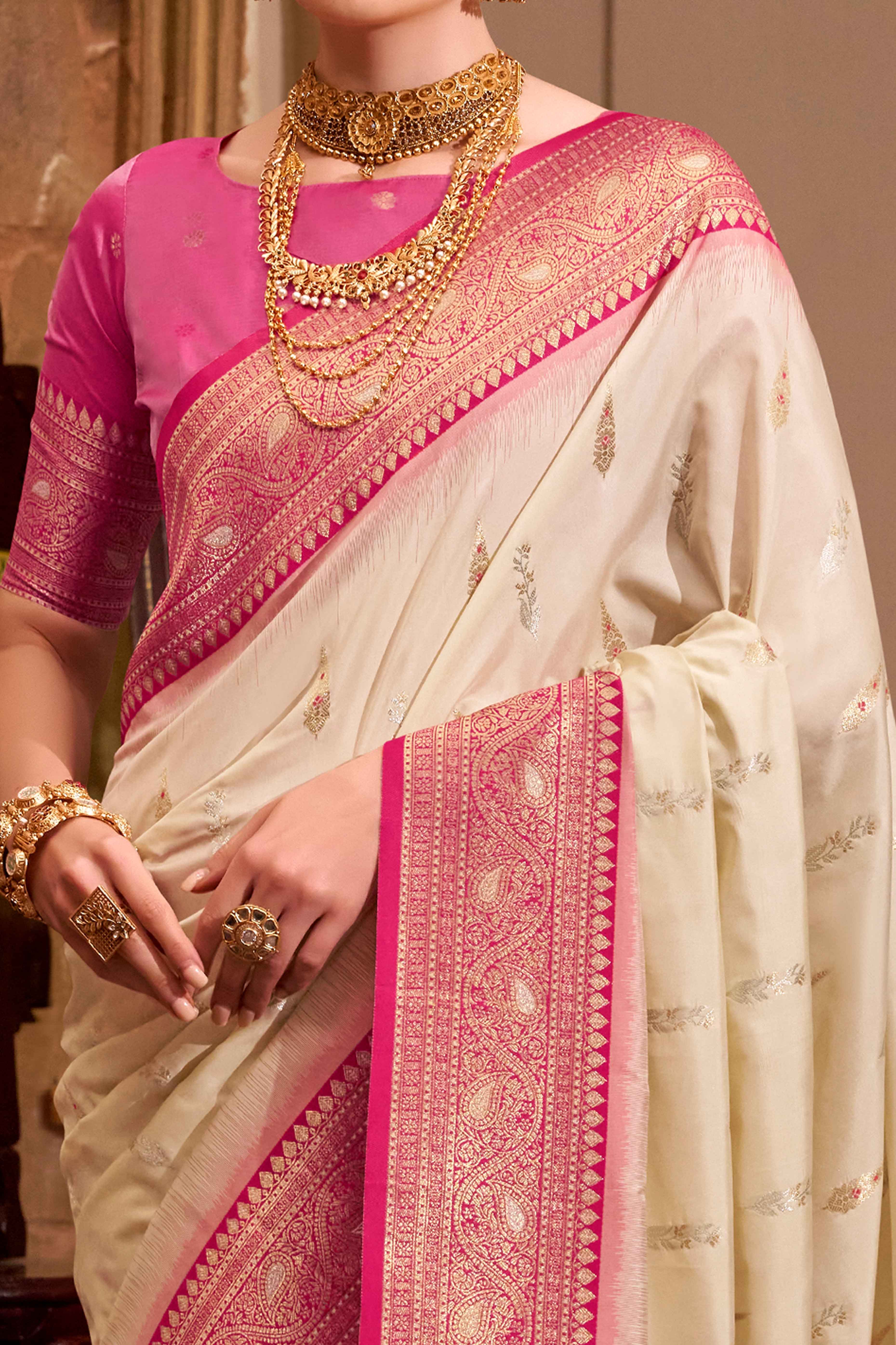 Cream Pure Silk Saree With Intricate Floral Zari Weaving Work
