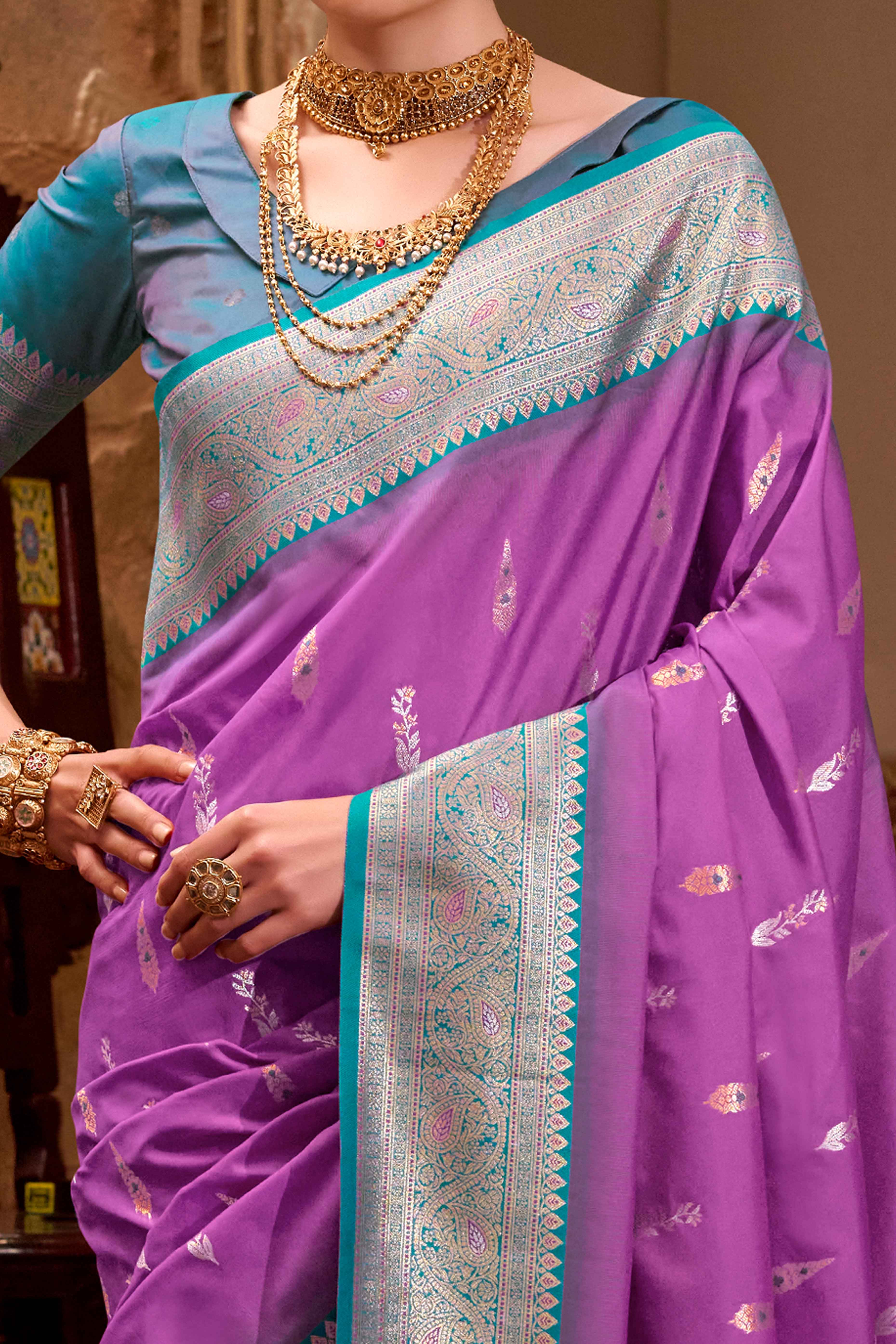 Purple Pure Silk Saree With Intricate Floral Zari Weaving Work