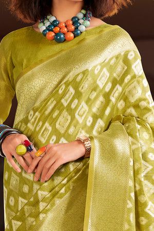 Olive Geometric Pattern Woven Tissue Silk Saree