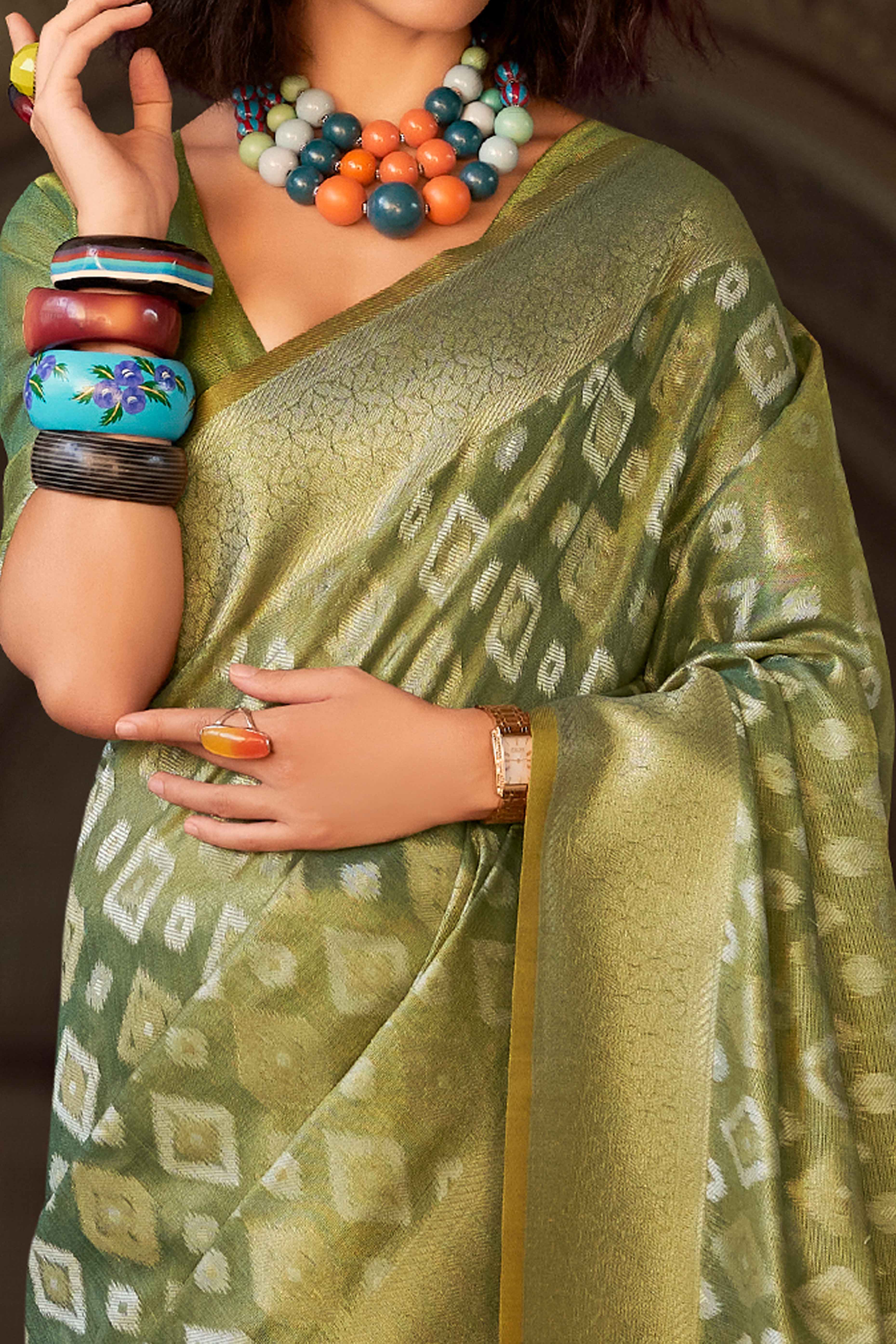 Green Geometric Pattern Woven Tissue Silk Saree