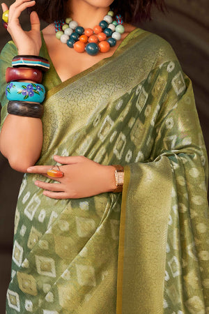 Green Geometric Pattern Woven Tissue Silk Saree