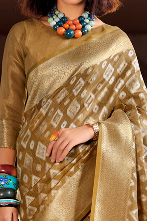 Brown Geometric Pattern Woven Tissue Silk Saree