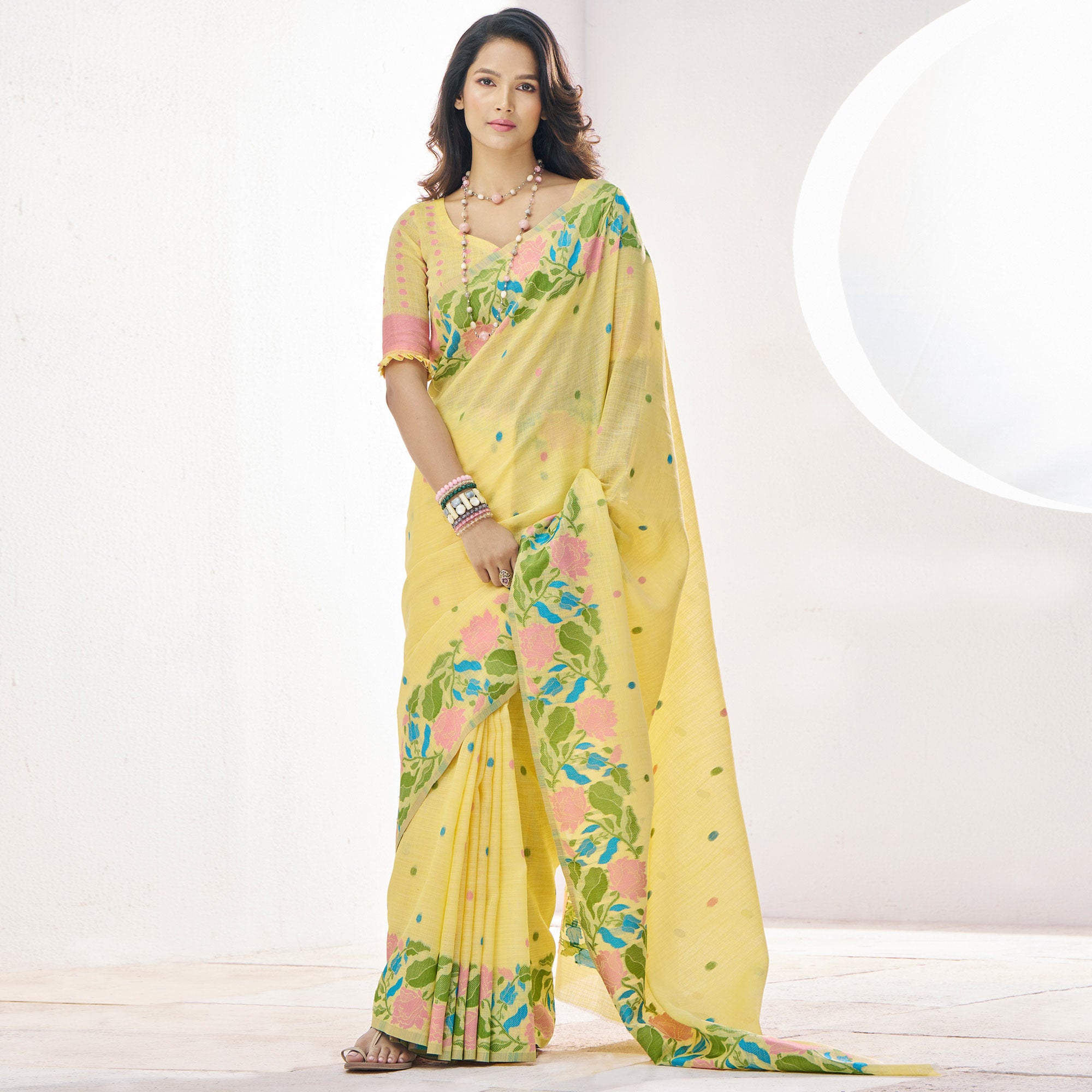 Yellow Floral Woven Cotton Silk Saree