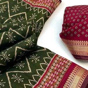 Comfortable Green Mulmul Cotton Saree with Modern Zig Zag Design