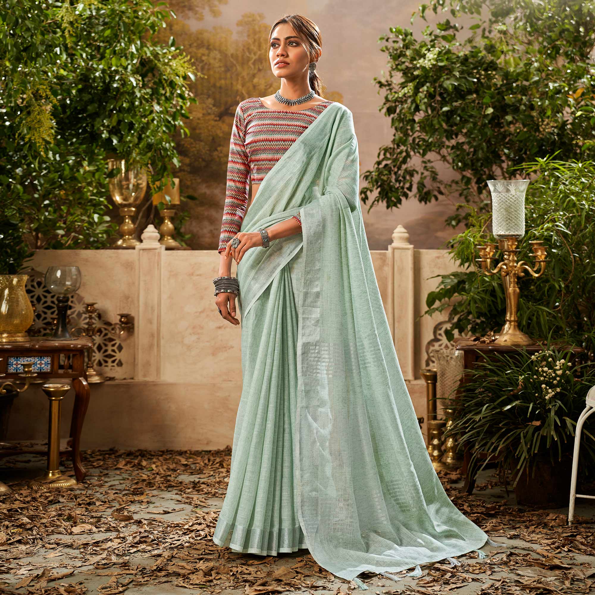 Green Woven Pure Cotton Saree With Tassels