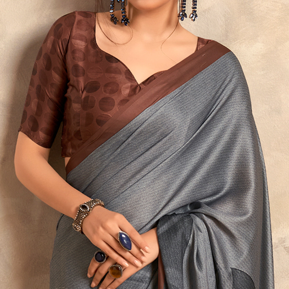 Grey Abstract Printed Satin Saree