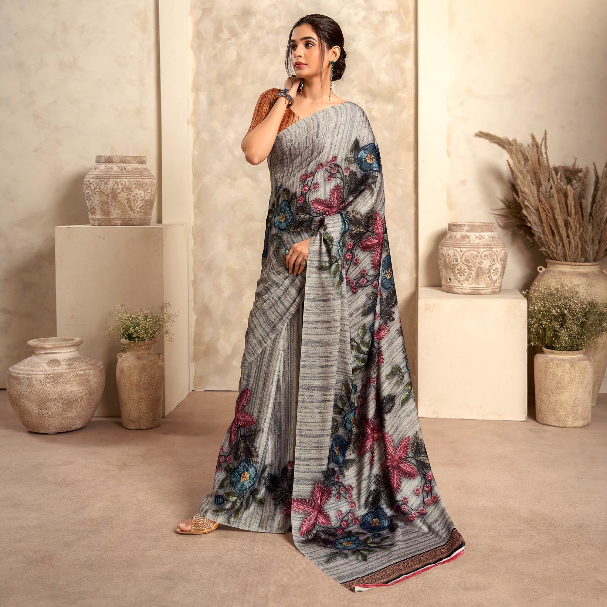 Grey Abstract Printed Satin Saree