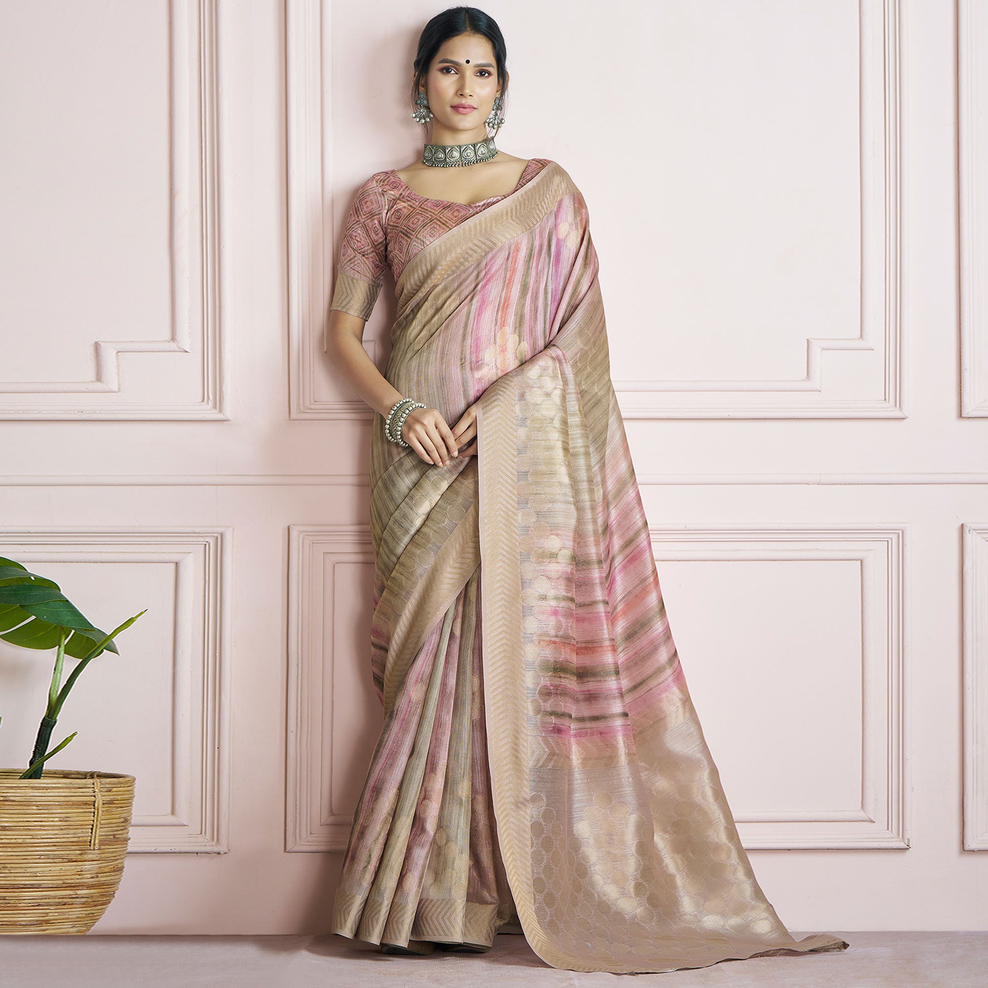 Beige Woven Cotton Silk Saree