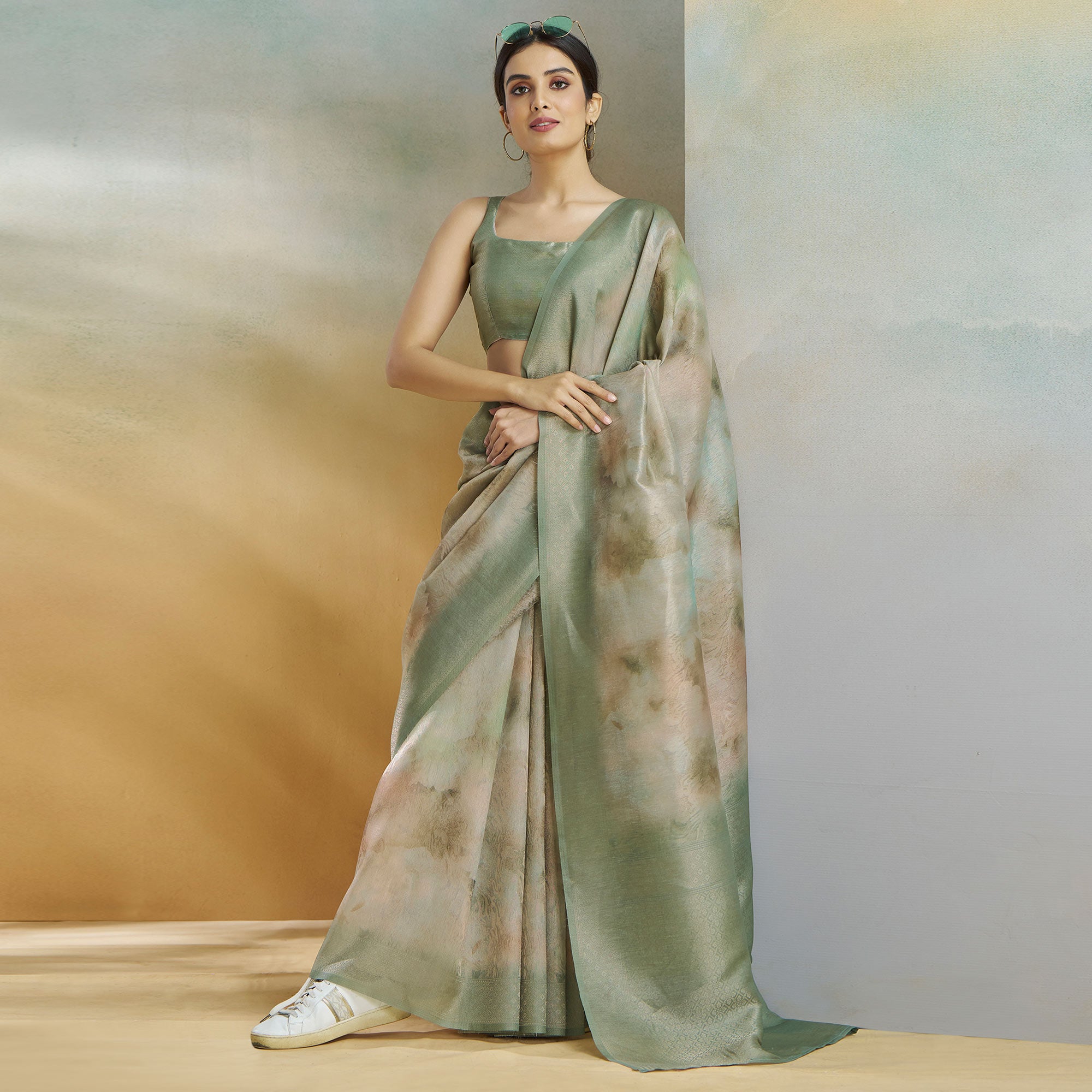 Green Woven With Digital Printed Linen Saree