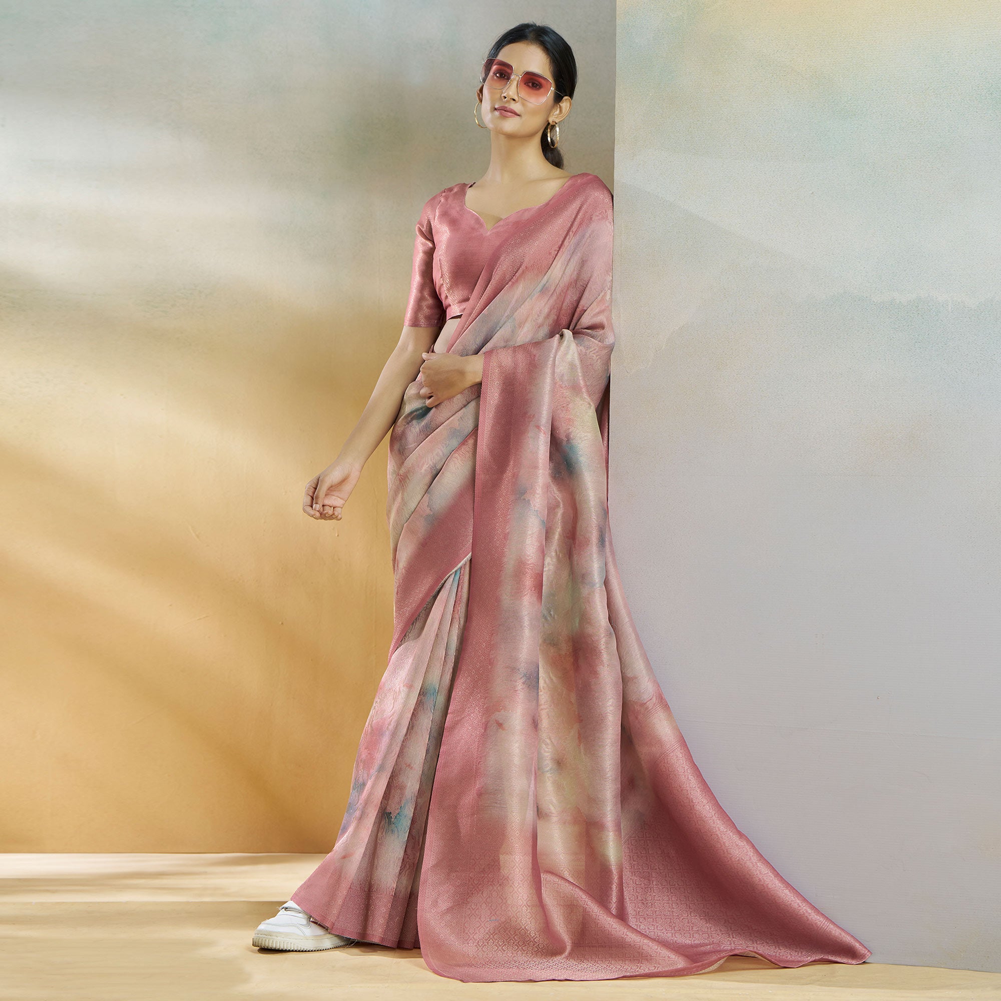 Pink Woven With Digital Printed Linen Saree