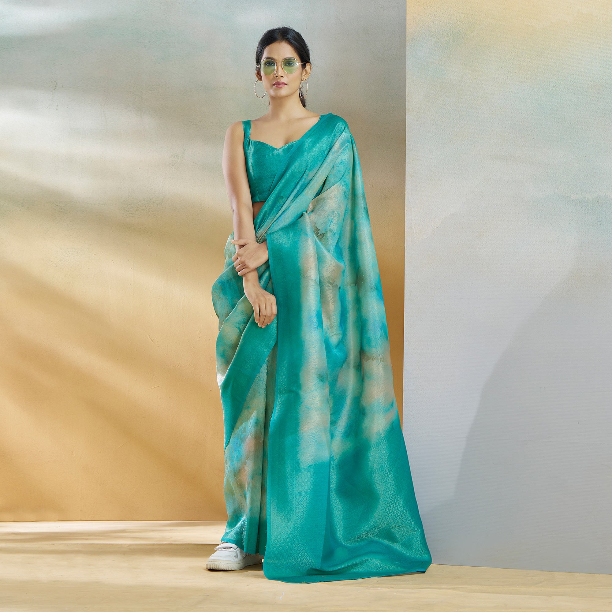 Turquoise Woven With Digital Printed Linen Saree