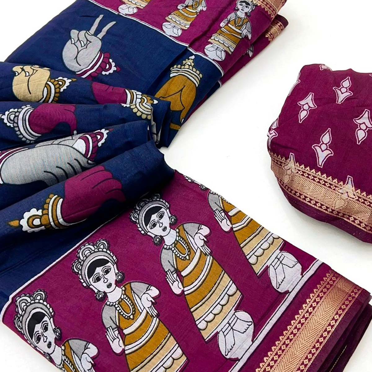 Blue Folk Art Soft Mulmul Cotton Saree with Traditional Motifs