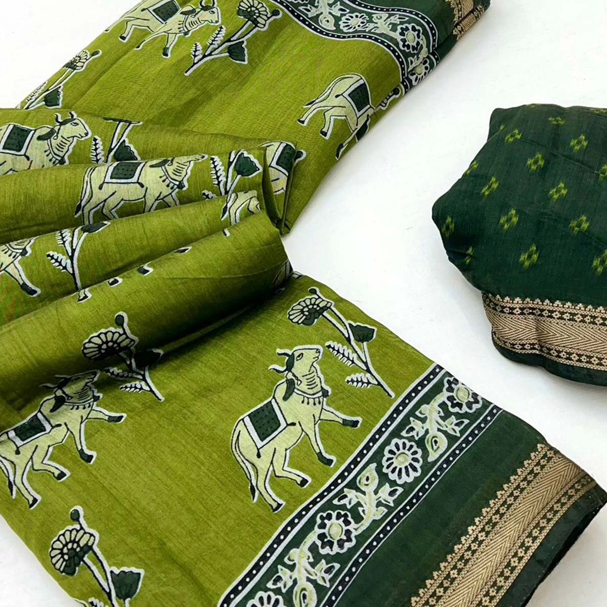 Green Rustic Handblock Folk Printed Mulmul Cotton Saree