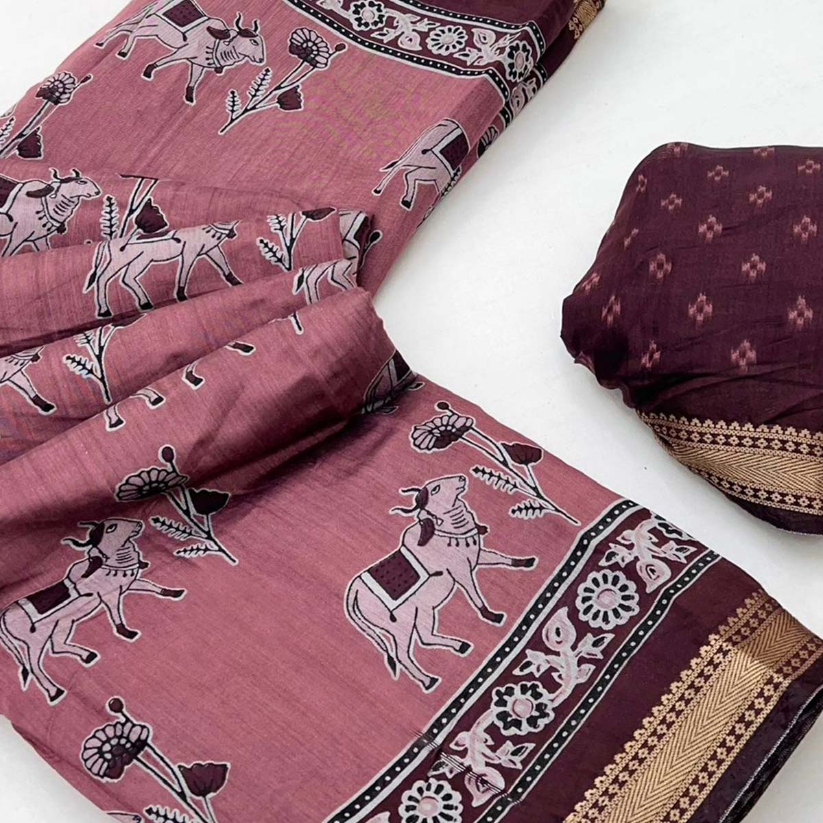 Mauve Rustic Handblock Folk Printed Mulmul Cotton Saree