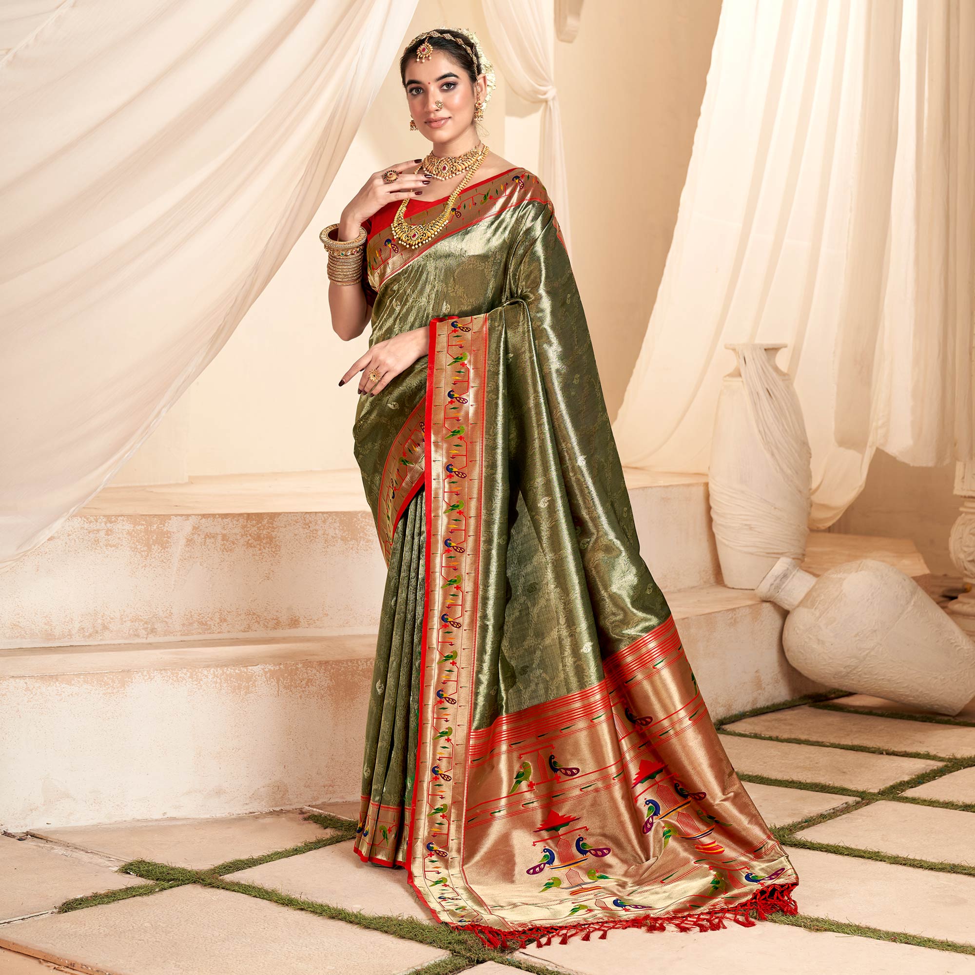 Olive Green Woven Tissue Paithani Saree With Tassels